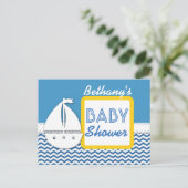 BABY SHOWER Blue Chevrons en zeilboot voor Boy A01 Aankondigingskaart (Staand voorkant)