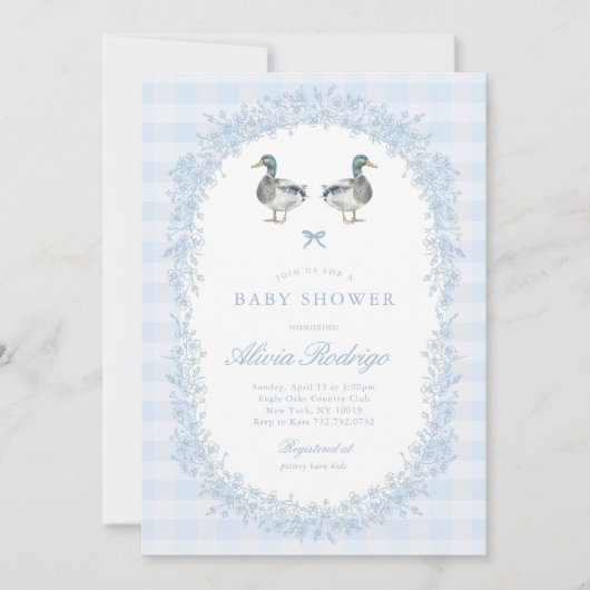 Baby shower Blue En vichy Mallard Duck Invitation (Devant)