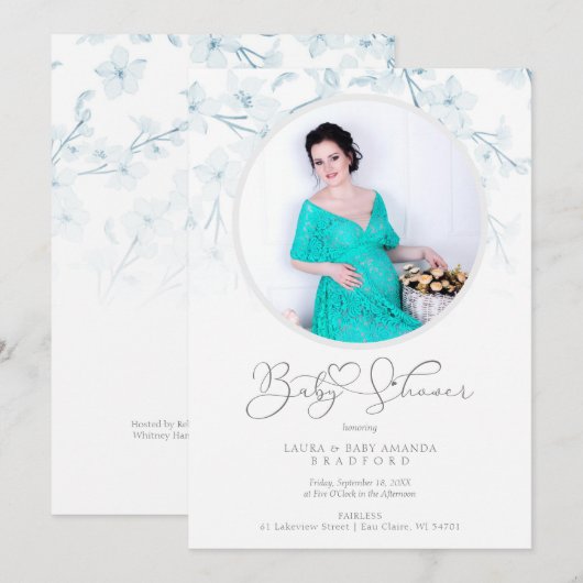 Baby Shower Blue Floral Botanical Photo Invitation (Devant / Derrière)