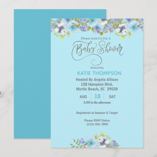 Baby shower Blue Floral Boys Invitation (Devant / Derrière)