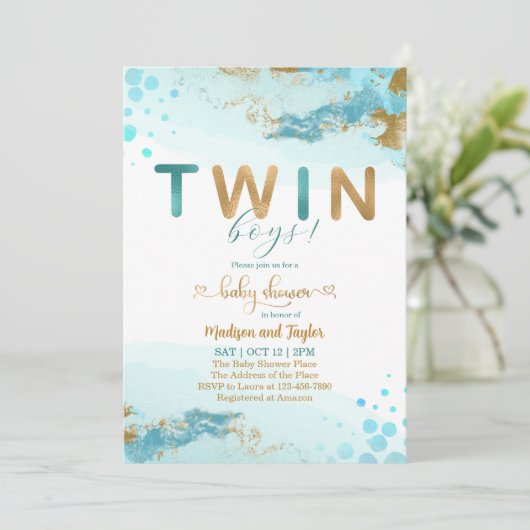 Baby shower Blue Gold Twin Boy Invitation (Debout devant)