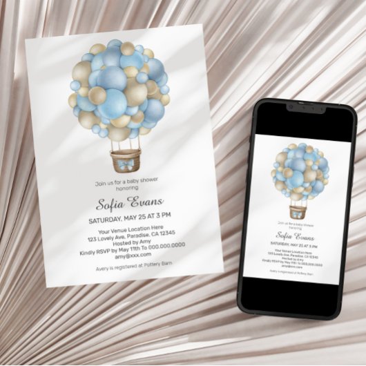 Baby shower Blue Hot Air Balloon Boy Invitation