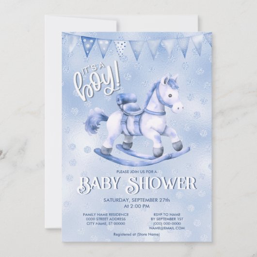 Baby shower Blue Rocking Horse Invitation (Devant)