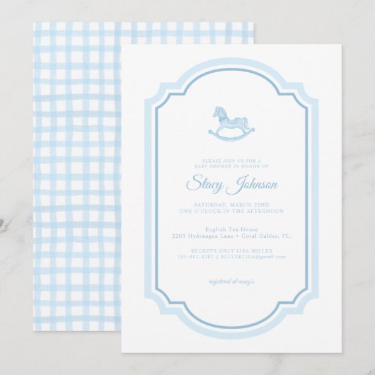 Baby shower Blue Rocking Horse Invitation | Garçon (Devant / Derrière)