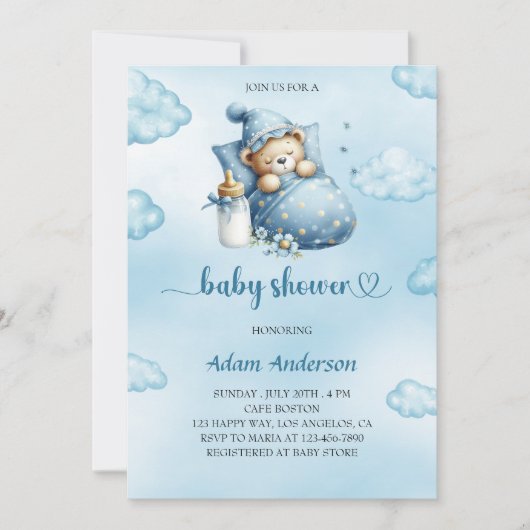Baby shower Blue Teddy Bear Invitation pour garçon (Devant)