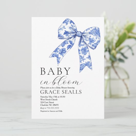 Baby shower Blue Toile Bow invitation (Debout devant)