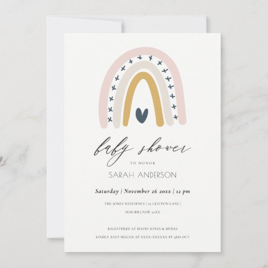 BABY SHOWER BLUSH BLUE HEART RAINBOW INVITATION (Devant)