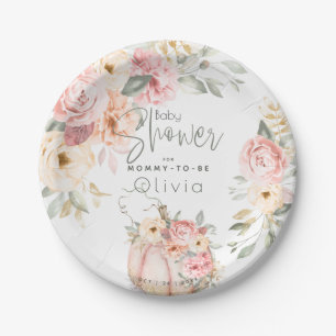 Baby shower   Blush Coral Pumpkin Peony Floral Papieren Bordje