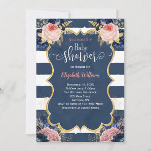 Baby shower Blush Pink Navy Blue Floral Kaart