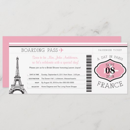 Baby shower Boarding Pass naar Parijs Kaart (Voorkant / Achterkant)