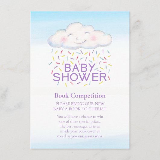 Baby shower boek wedstrijd cloud snoep sprinkles informatiekaartje (Voorkant)
