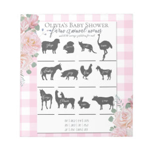 Baby shower Boerderij Animal Games Roses Gingham Notitieblok