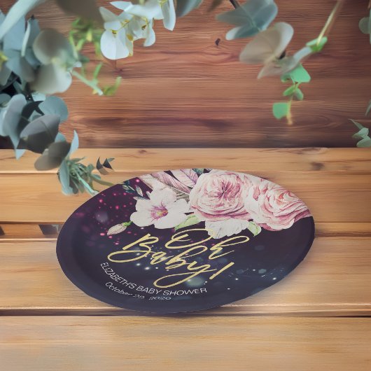 Baby shower Boho Floral Feather Paars Bokeh Light Papieren Bordje