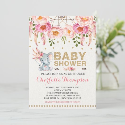 Baby shower Boho Invitation Eléphant Or Rose (Debout devant)