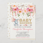 Baby shower Boho Invitation Eléphant Or Rose (Devant / Derrière)