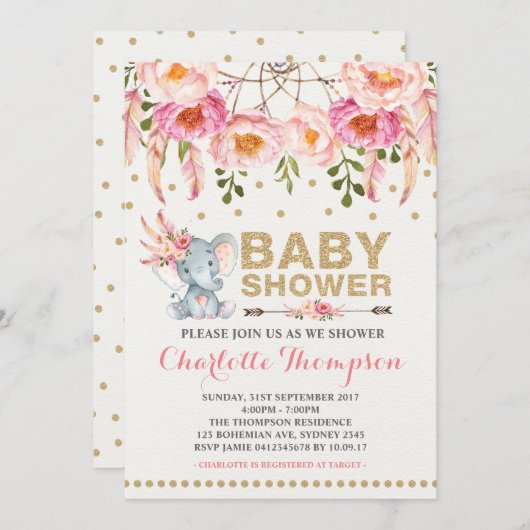 Baby shower Boho Invitation Eléphant Or Rose (Devant / Derrière)