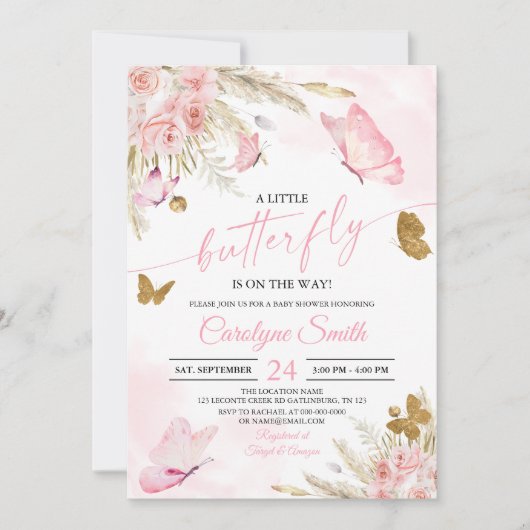Baby shower Boho Pink Butterfly Invitation (Devant)
