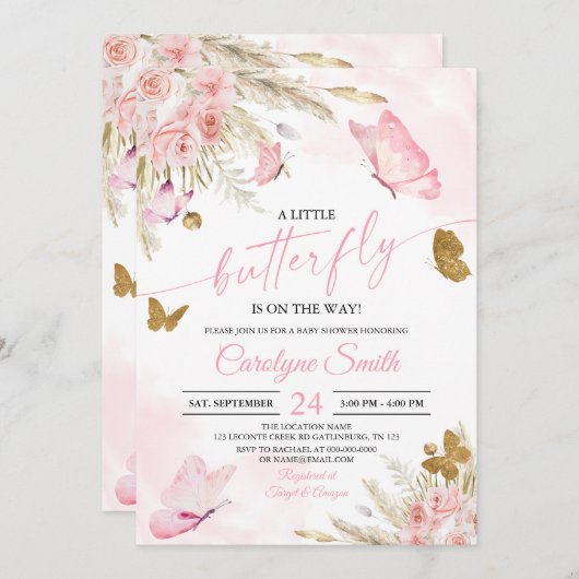 Baby shower Boho Pink Butterfly Invitation (Devant / Derrière)