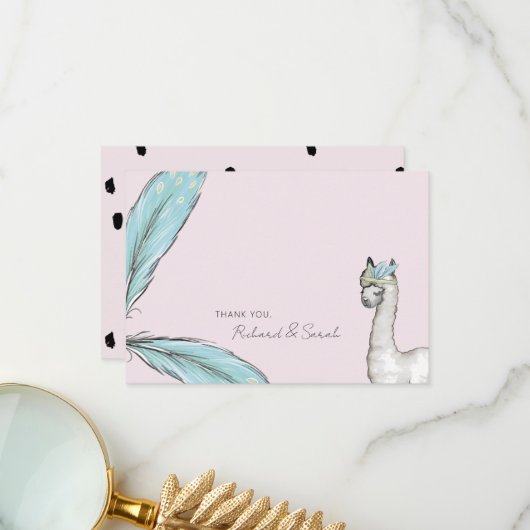 Baby shower Boho Rose Llama Dots Merci Note (Devant/Arrière en situation)