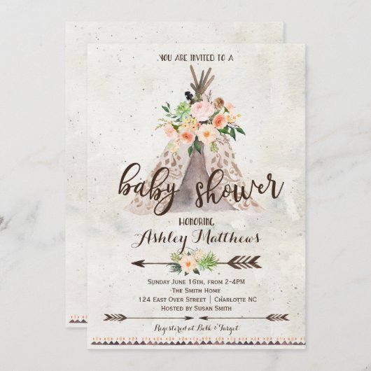 Baby shower Boho TeePee invitation (Devant / Derrière)