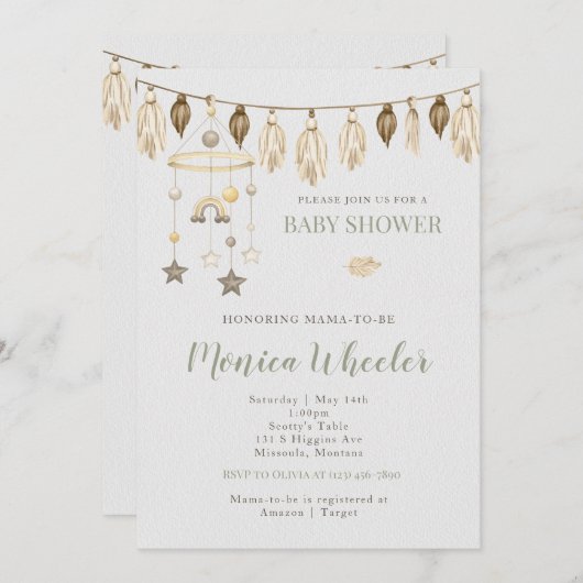 Baby shower Boho Watercolor Invitation (Devant / Derrière)