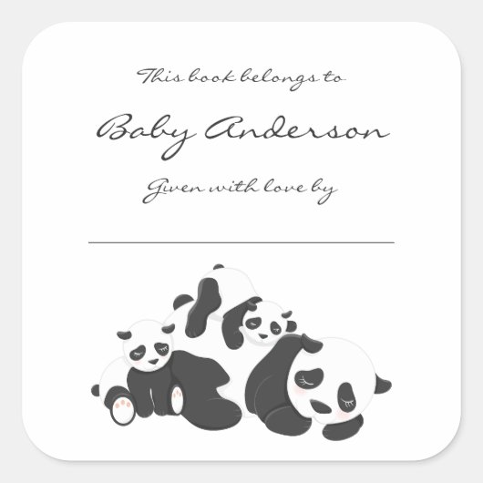 Baby shower Bookplaten / Panda's, neutraal geslach Vierkante Sticker (Voorkant)