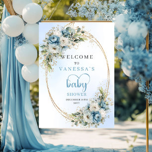 Baby Shower Bord 'Dusty Blue Bloemen Goud' Poster