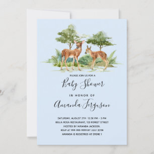 Baby shower bosdieren herten blauw kaart