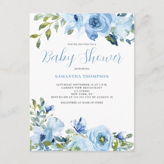 Baby shower botanique floral bleu Invitation (Devant)