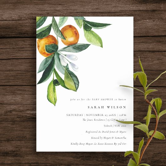 Baby shower Botanique Orange Citrus Invitation