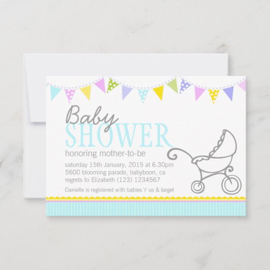 Baby shower bouquet poussette aqua invitation (Devant)