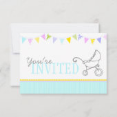 Baby shower bouquet poussette aqua invitation (Dos)