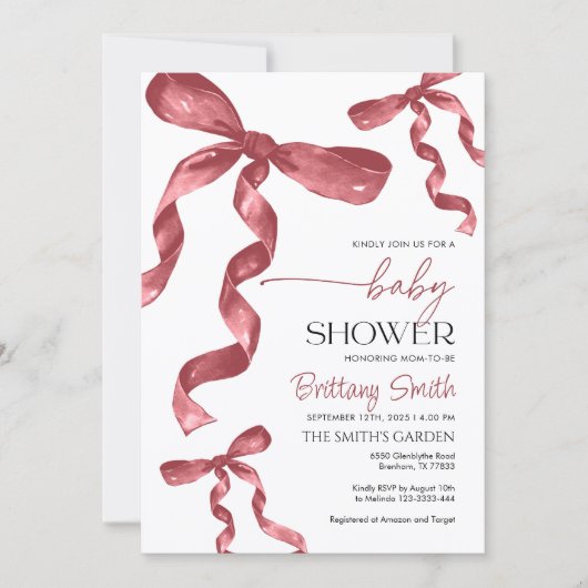 Baby shower Bourgogne Bow Invitation Kaart (Voorkant)