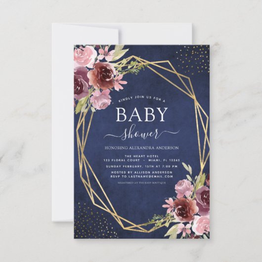 Baby shower Bourgogne Navy Blue Geometric Floral Kaart (Voorkant)