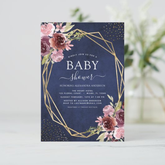 Baby shower Bourgogne Navy Blue Geometric Floral Kaart (Staand voorkant)