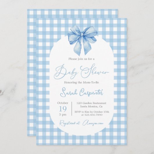 Baby shower Bow Invitation garçon avec arc (Devant / Derrière)