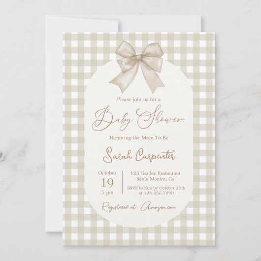 Baby shower Bow Invitation neutre avec arc (Devant)