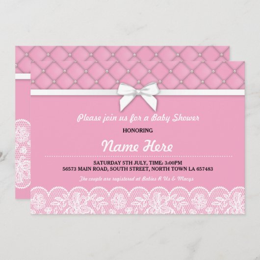 Baby shower Bow Lace Parels GirI Roze Tweeling Uit Kaart (Voorkant / Achterkant)