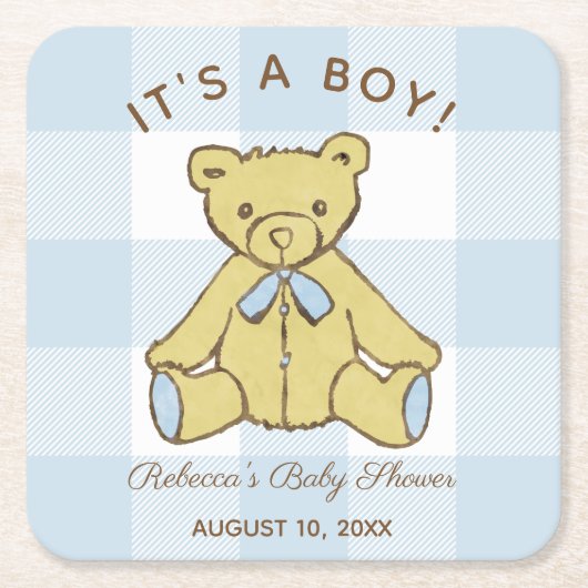 Baby shower Boy Beer met naam en datum Vierkante Kartonnen Onderzetter (Voorkant)