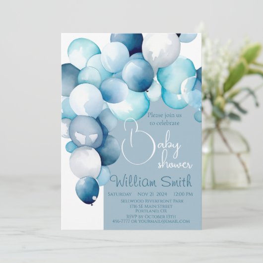 Baby shower Boy bleu ballons arch Invitation (Debout devant)