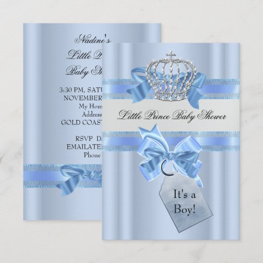 Baby shower Boy Blue Little Prince Crown SML Kaart (Voorkant / Achterkant)