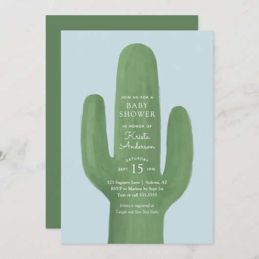 Baby shower Boy Boho Blue Boho Cactus Invitation (Devant / Derrière)