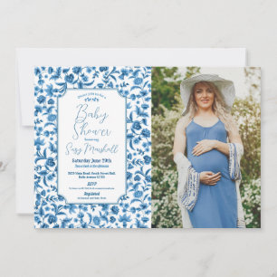 Baby shower Boy Chintz Blauwe foto Floral Ditsy Kaart