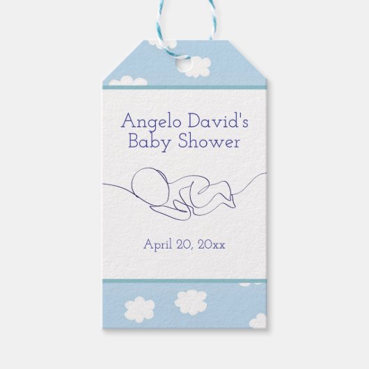Baby shower Boy Line Art Blue Sky & Clouds Cadeaulabel (Voorkant)