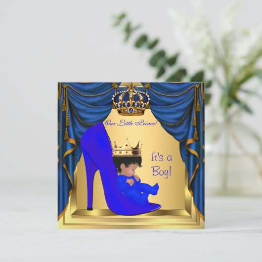 Baby shower Boy Prince Royal Blue Shoe Gold Kaart (Staand voorkant)