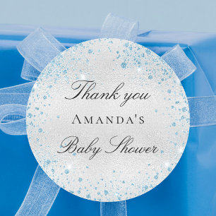 Baby shower Boy Silver Blue glitter Dank u Ronde Sticker