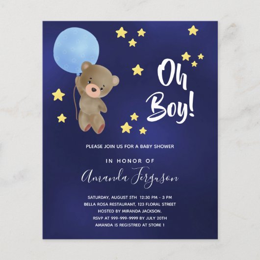 Baby shower Boy Teddy Bear Blue Invitation (Voorkant)