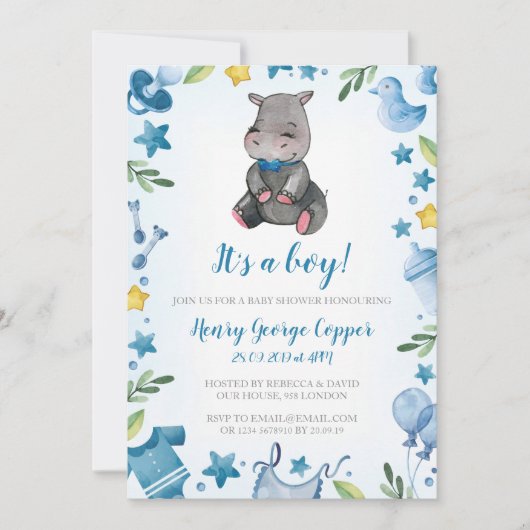 Baby shower Boy | Uitnodiging | nijlpaard (Voorkant)