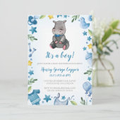 Baby shower Boy | Uitnodiging | nijlpaard (Staand voorkant)
