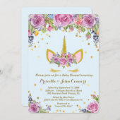 Baby shower Boy Unicorm uitnodiging, bloemen, blau Kaart (Voorkant / Achterkant)